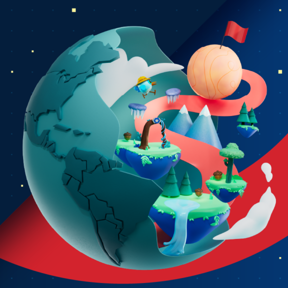 Stylized globe with floating islands, mountains, trees, a moon flag, and a red ribbon path