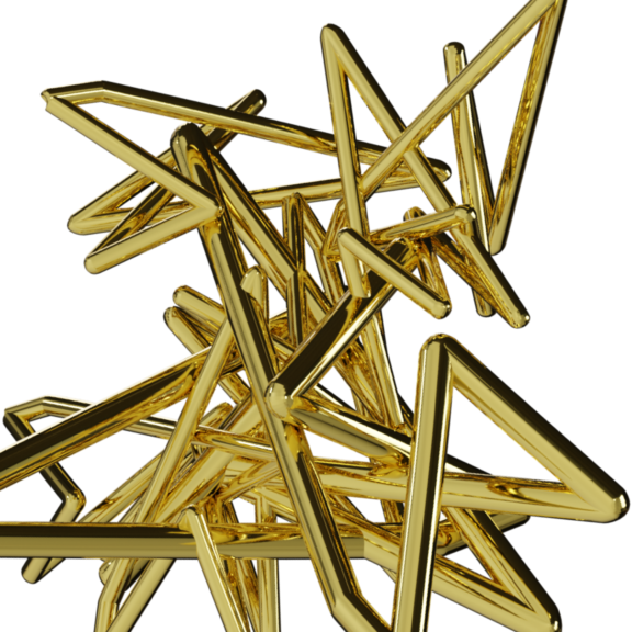 Cluster of shiny gold triangular rods on a white background