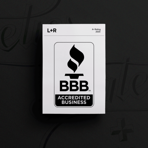BBB Accredited Business A+ rating card on a dark background