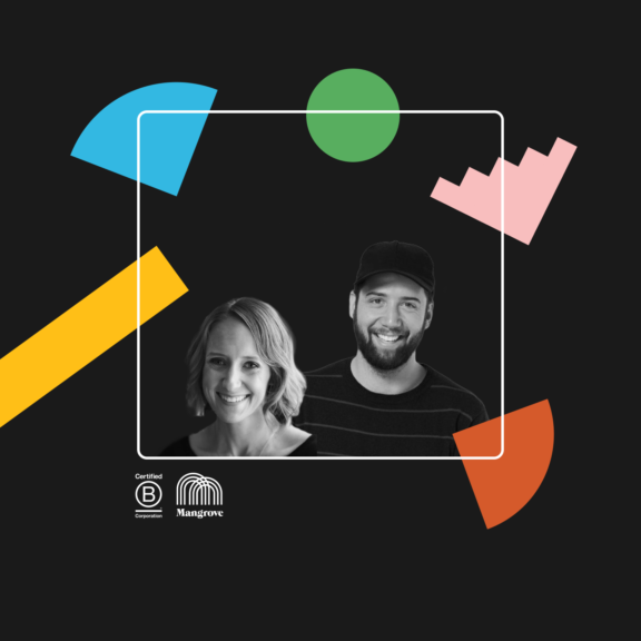 Black graphic with two grayscale portraits, colorful shapes, and certification logos