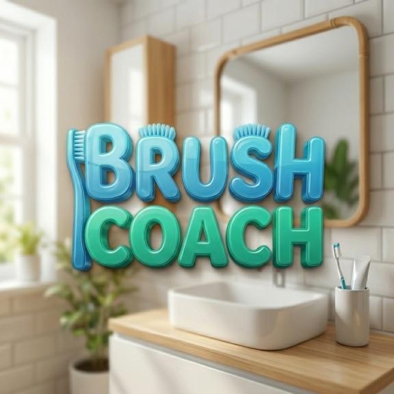 Brush Coach 3 D wordmark 202605191700 Brush Coach sign on a bathroom counter
