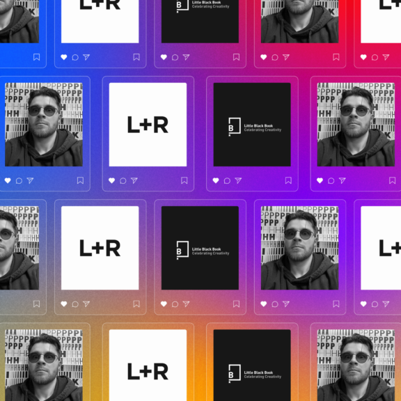 Grid of social media-style cards featuring L+R, Little Black Book, and portrait tiles