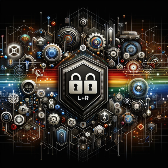 Cybersecurity illustration with locks, gears, circuits, and L+R text