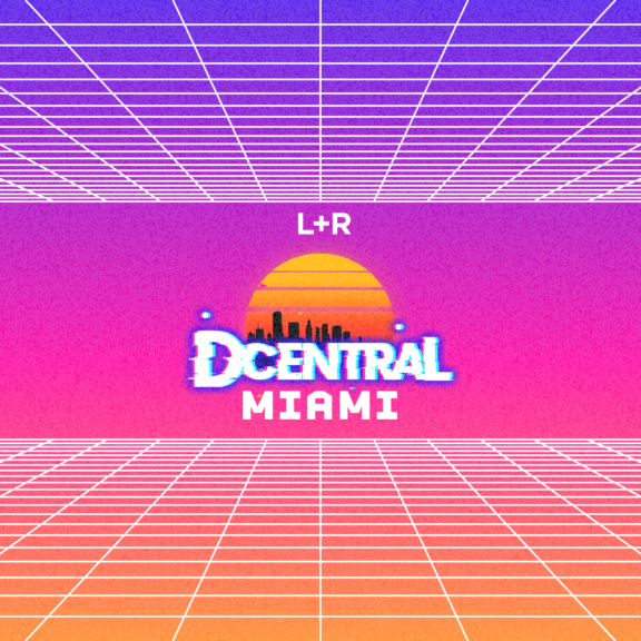 Close-up retro neon grid graphic with sunset and "DCENTRAL MIAMI" text