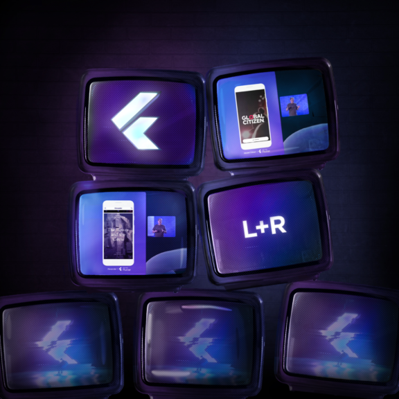 Stacked retro TVs showing L+R graphics, phone screens, and presentation slides