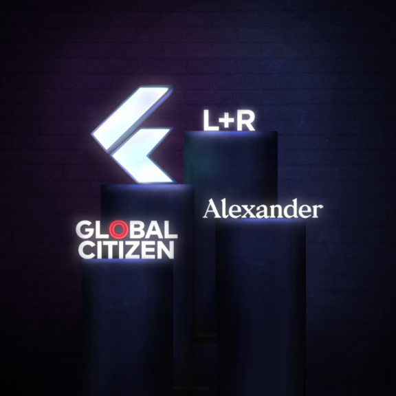 Glowing Global Citizen, L+R, and Alexander logos on dark pedestals