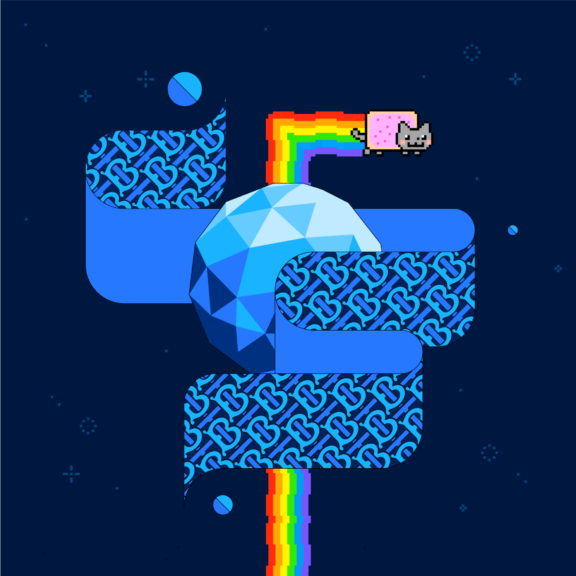 Pixel Nyan Cat and rainbow trail around a faceted blue asteroid and patterned shapes.