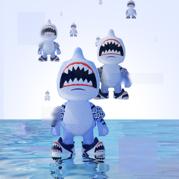Blue shark-headed toy figures standing in shallow reflective water.