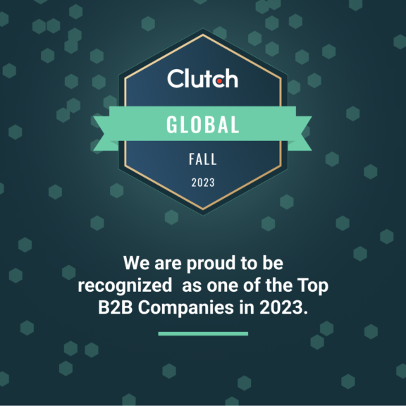 Clutch Global Fall 2023 badge with text: recognized as one of the top B2B companies in 2023
