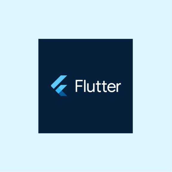 Flutter logo on a dark blue square