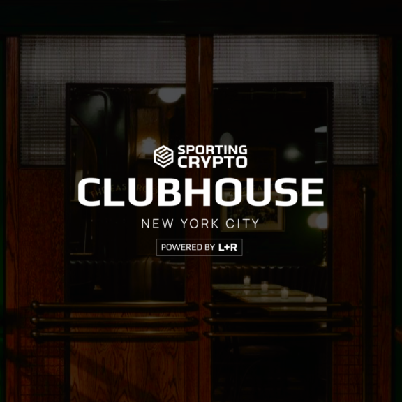 Sporting Crypto Clubhouse New York City powered by L+R title on dark entrance