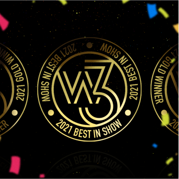 Gold W3 2021 Best in Show award badge centered amid colorful confetti