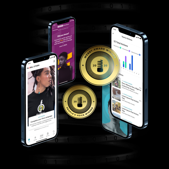 Mobile app screens with two gold Webby award medals on a dark digital background