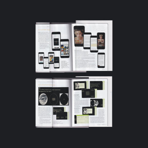 Open magazine spreads showing mobile and web design case studies