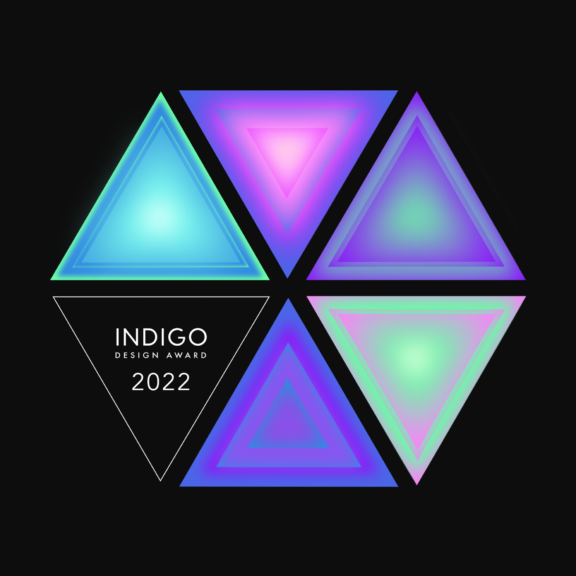 Indigo Design Award 2022 graphic with glowing colorful triangle shapes