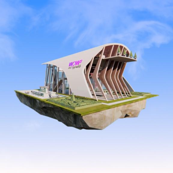 Futuristic WOW3 building on a floating island against a blue sky