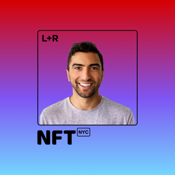 Smiling man in an L+R framed NFT NYC square graphic