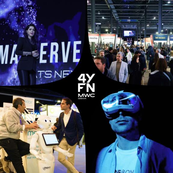 4YFN MWC collage with conference scenes, a robot, and a VR headset user.