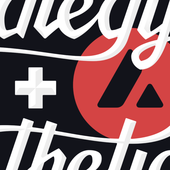 Close-up graphic with script lettering, plus sign, and red A mark