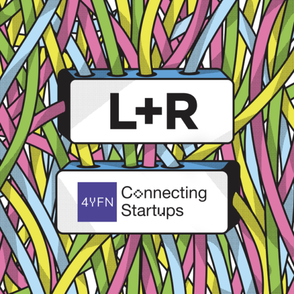 L+R and 4YFN Connecting Startups logos amid colorful interwoven ribbons