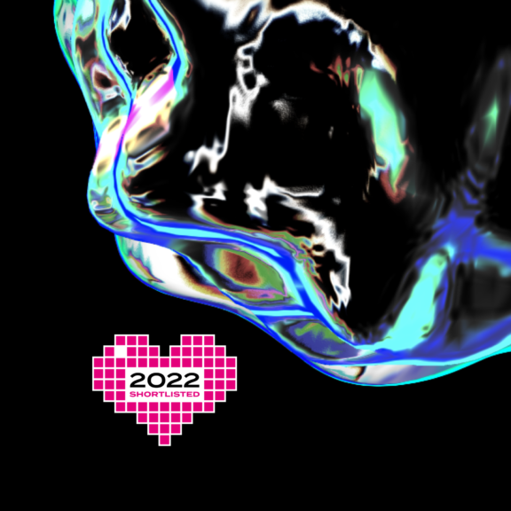 Iridescent abstract liquid form on black with "2022 Shortlisted" heart badge