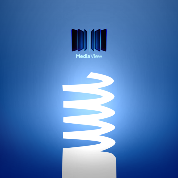 Media View logo above a white spiral tower shape on a blue gradient background