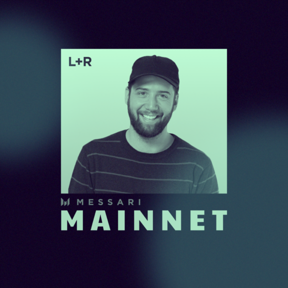 Messari Mainnet graphic with a green-tinted portrait of a smiling man