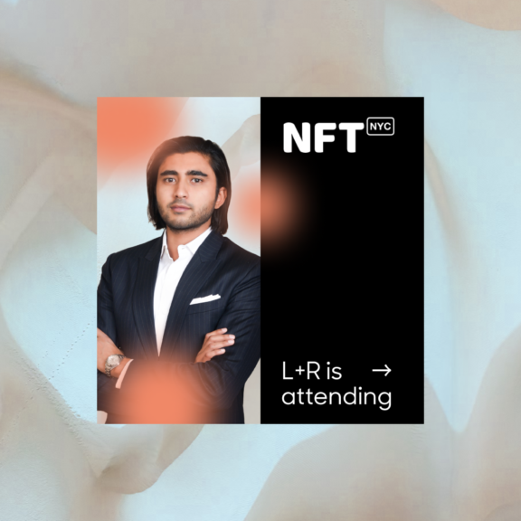 NFT NYC event graphic with portrait and text: L+R is attending