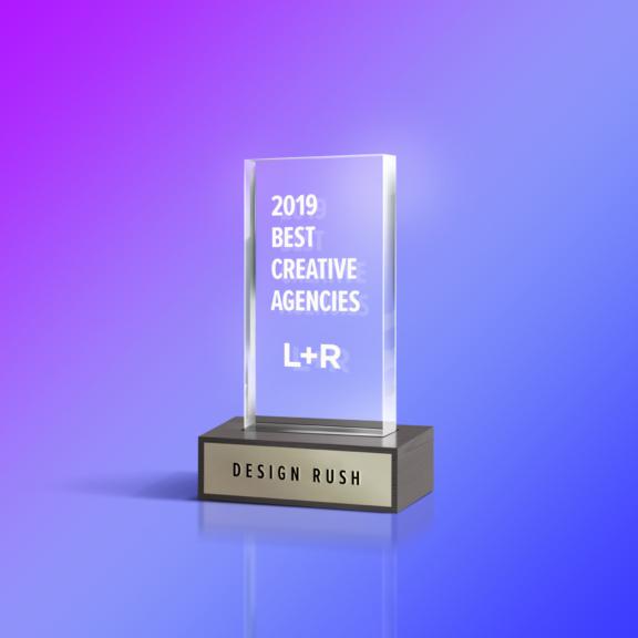 DesignRush 2019 Best Creative Agencies trophy on blue purple background