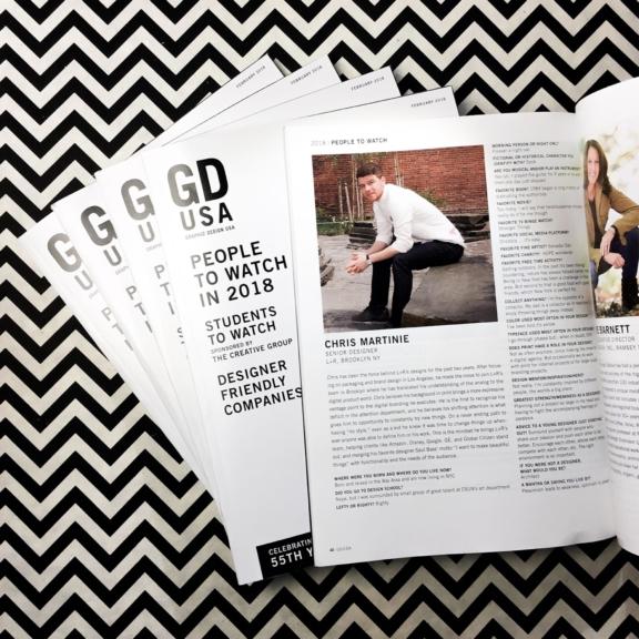 GD USA magazines and an open People to Watch spread on a chevron pattern