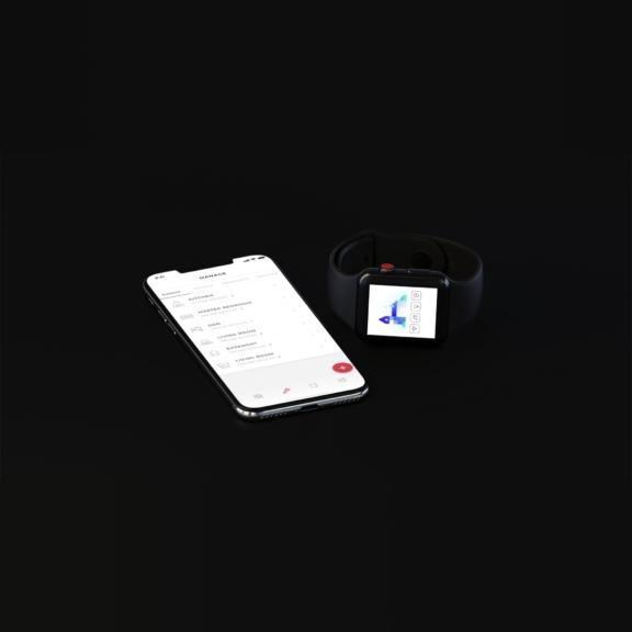 Smartphone and smartwatch app screens on a black background