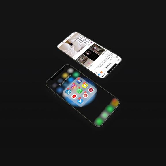 Two floating smartphones showing social media apps and an Instagram feed