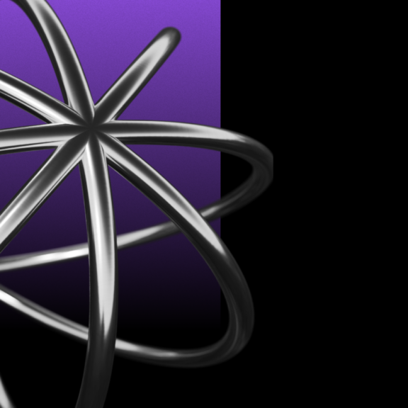 Abstract metallic atom-like loops over a purple gradient on black