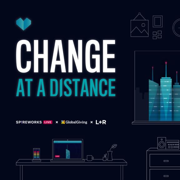"Change at a Distance" event graphic with desk, skyline, and partner logos