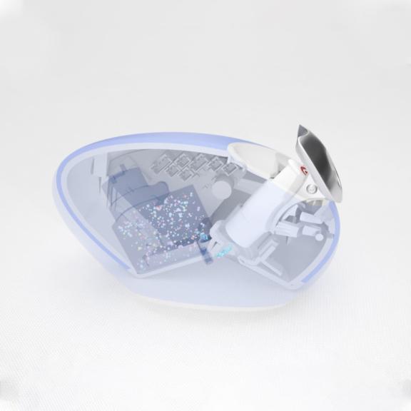Translucent blue and white device concept with internal components and particle chamber