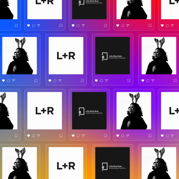 Social media grid with L+R logos, Little Black Book cards, and black-and-white portraits on gradient background