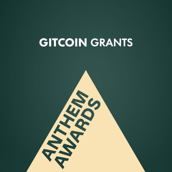 Gitcoin Grants logo above an Anthem Awards pyramid on a green background