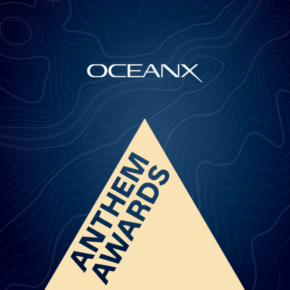 OceanX logo above an Anthem Awards pyramid on a blue contour-map background