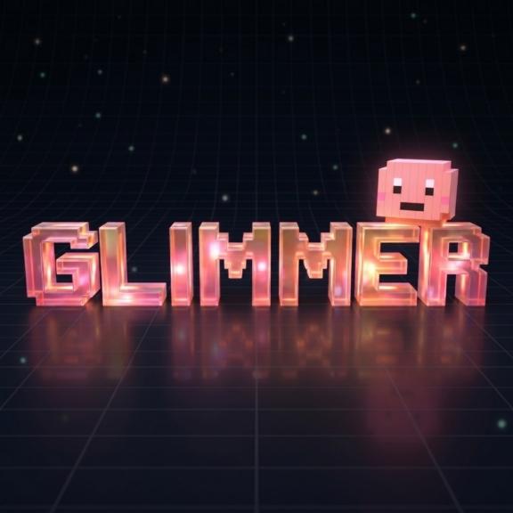 Same image in 1 1 aspect 202605170839 Glowing 3D text reading "GLIMMER" with a small pixel face on the R, set against a dark grid background