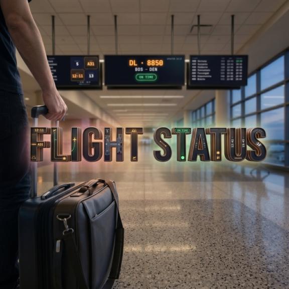 Same image in 1 1 aspect 202605170840 Traveler with suitcase in airport terminal, flight status text and departure boards in background