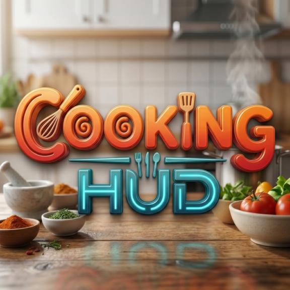 Same image in 1 1 aspect 202605170850 Stylized "Cooking Hub" logo on a kitchen counter with vegetables, bowls, utensils, and steam in the background
