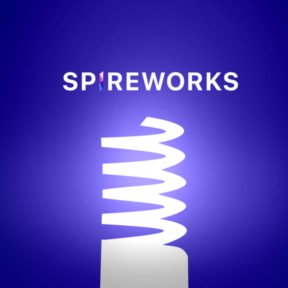 SPIREWORKS logo above a white spiral tower shape on a purple gradient background