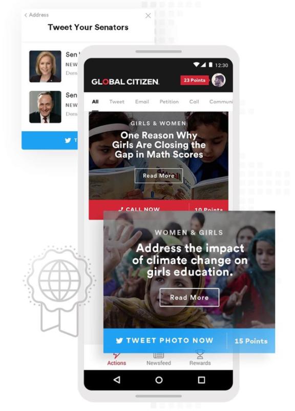 Global Citizen mobile app mockup with advocacy action cards