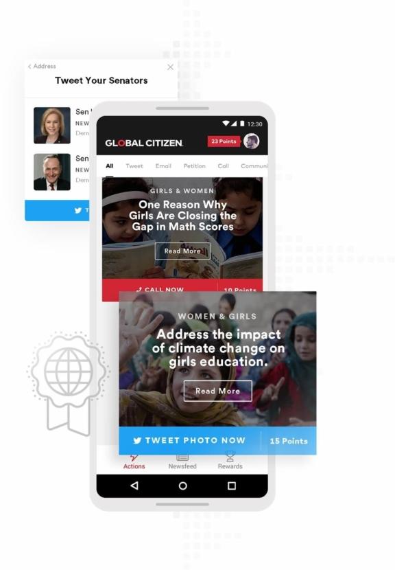 Global Citizen app mockup with action cards for petitions, calls, and tweets