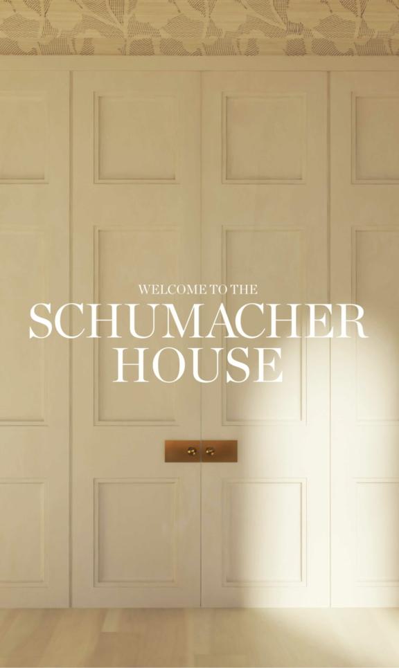 Schumacher House M Cover Wide view of paneled doors with text reading Welcome to the Schumacher House