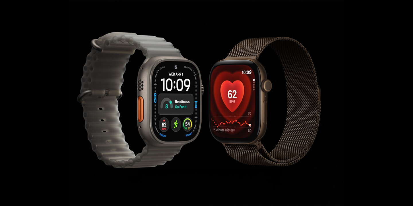 Two Apple Watch models on a black background showing fitness readiness and heart rate displays.