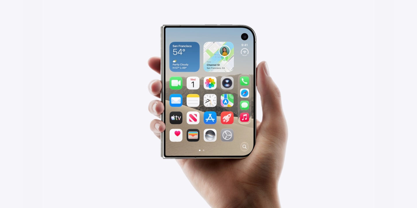Foldable iPhone held in one hand showing iOS widgets and app icons.
