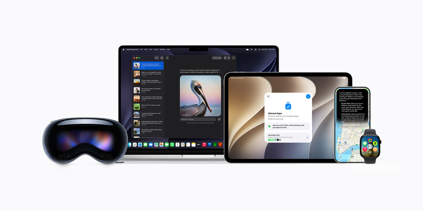 Apple Vision Pro, MacBook, iPad, iPhone, and Apple Watch arranged on a light background.