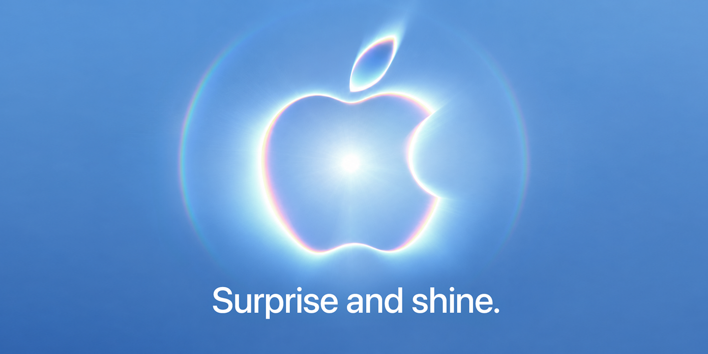 Apple logo graphic with Surprise and shine headline on a blue background.