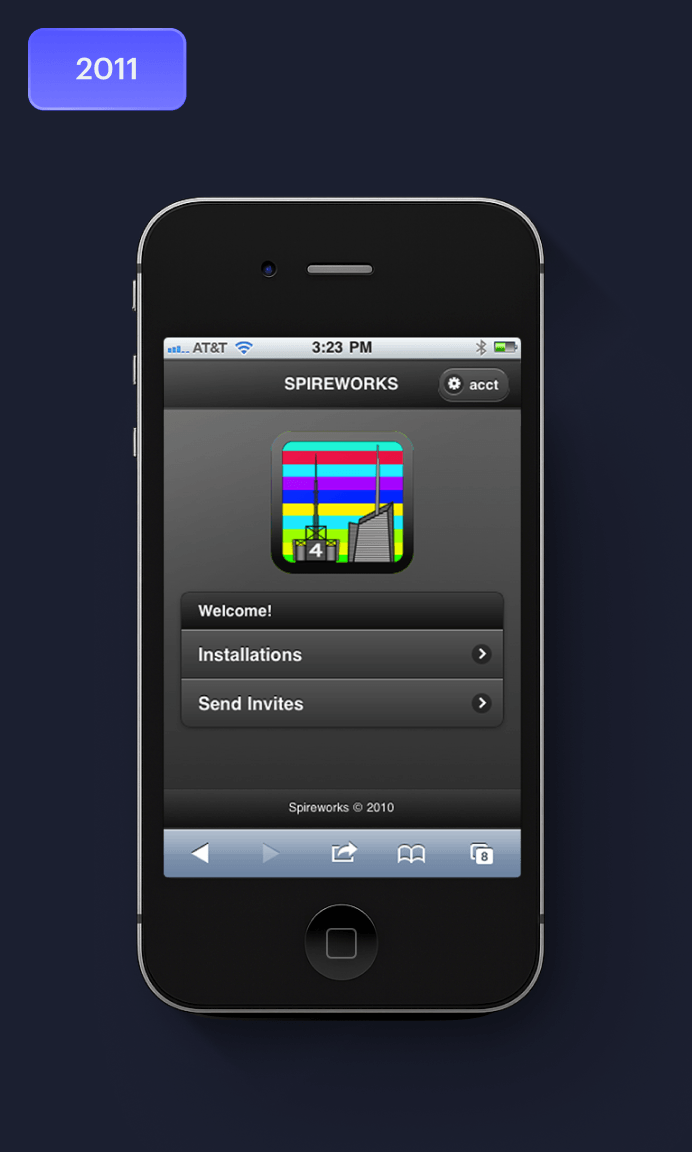 2011 Spireworks mobile web screen with installation menu